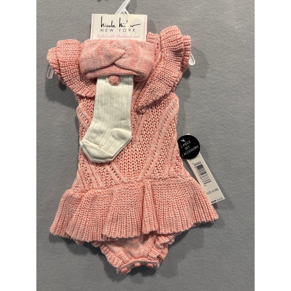Nicole Miller New York Baby Girls Pink Cable Knit Dress Romper Set 6/9M NWT